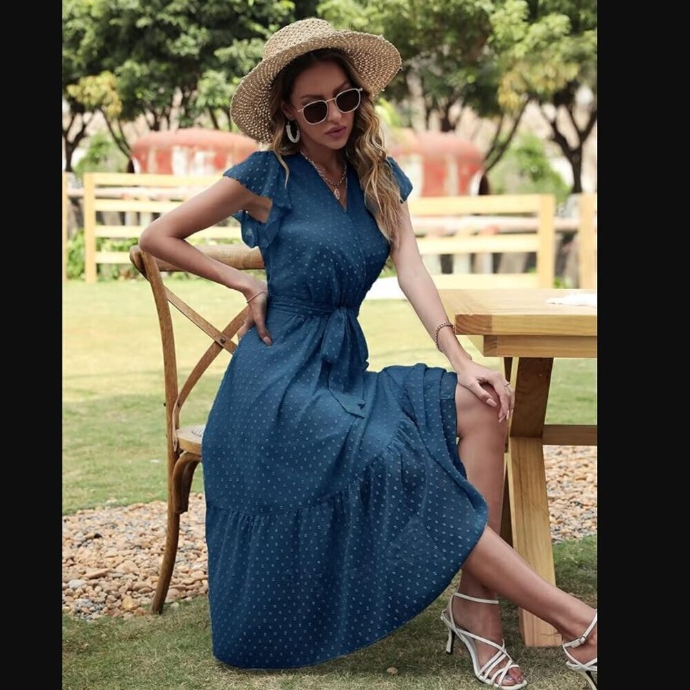 Genhoo Midi Dress M NWT Summer Wrap Neck Cap Sleeve Beach Tiered Skirt Hem Party